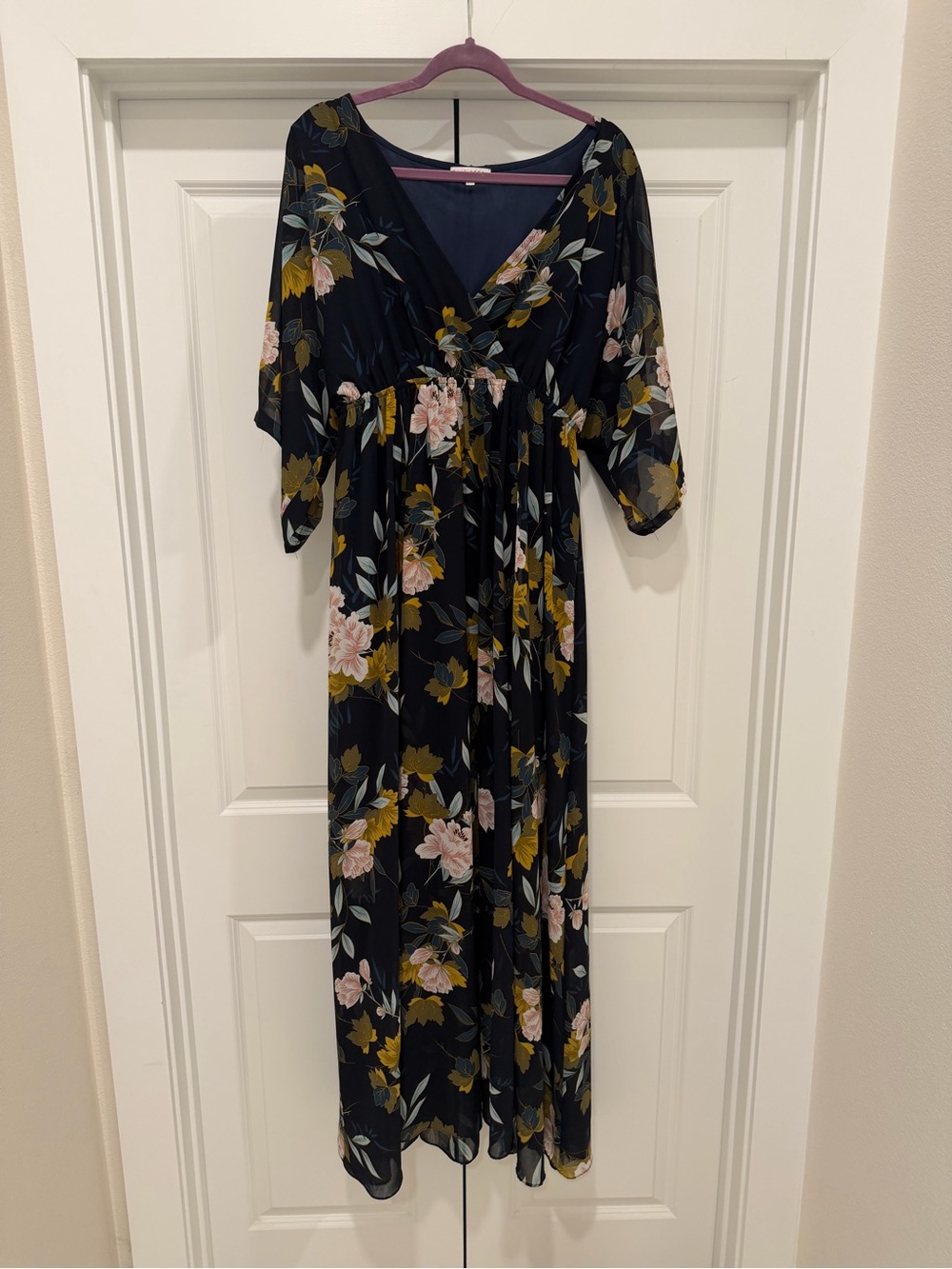 Elegant Navy Floral Maxi Dress - Pink & Olive Print